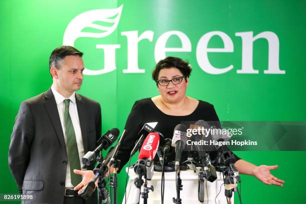 Metiria Turei speaks while James Shaw looks on during a press conference on August 4, 2017 in Wellington, New Zealand. The Green Party co-leader came...