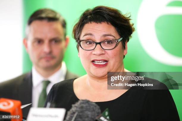 Metiria Turei speaks while James Shaw looks on during a press conference on August 4, 2017 in Wellington, New Zealand. The Green Party co-leader came...