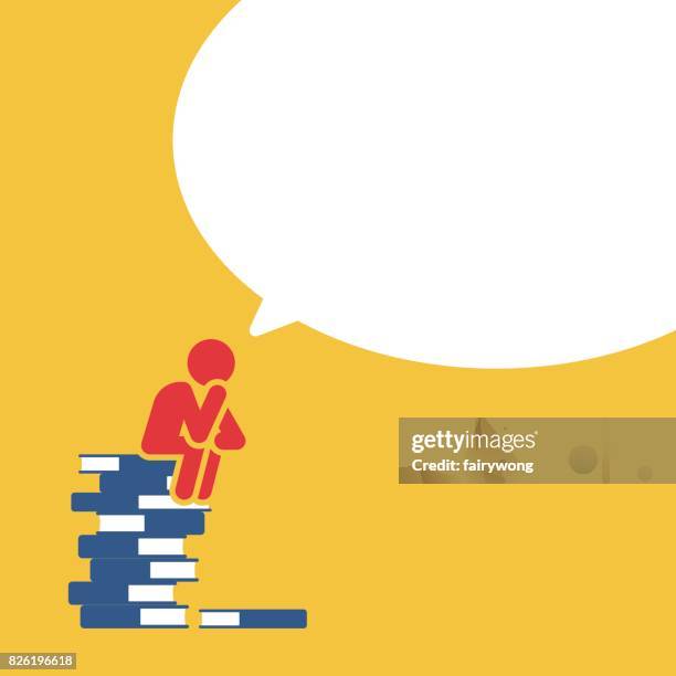 man sitting on books pile thinking about future - audition stock illustrations