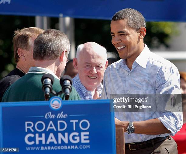 Democratic presidential nominee Sen. Barack Obama meets Teamsters president James Hoffa , and United Auto Workers president Ron Gettelfinger and...