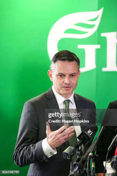 James Shaw speaks during a press conference on August 4, 2017 in Wellington, New Zealand. Green Party co-leader Metiria Turei came under fire...