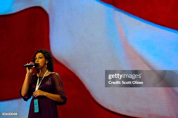 Angela McDermott, Miss Minnesota 2008, rehearses singing the National Anthem on day one of the Republican National Convention at the Xcel Energy...