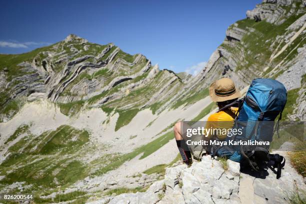 man with a big bagpack in front of the beautiful landscape of durmitor - bagpack stock pictures, royalty-free photos & images