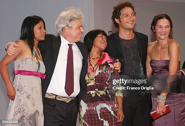 Marco Bechis , Chiara Caselli and Claudio Santamaria attend the 'Birdwatchers - La Terra Degli Uomini Rossi' film premiere at the Sala Grande during...