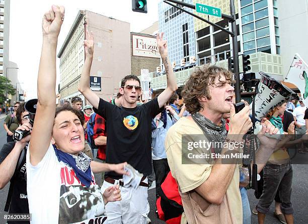 Protesters rally during a march against the Republican National Convention September 1, 2008 in St. Paul, Minnesota. The RNC is scheduled to run...