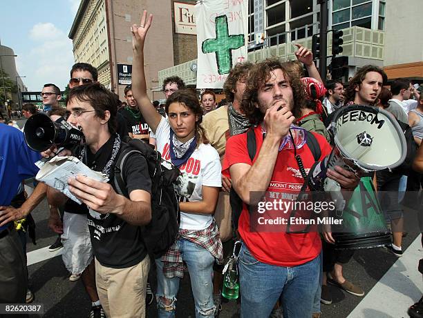 Protesters rally during a march against the Republican National Convention September 1, 2008 in St. Paul, Minnesota. The RNC is scheduled to run...