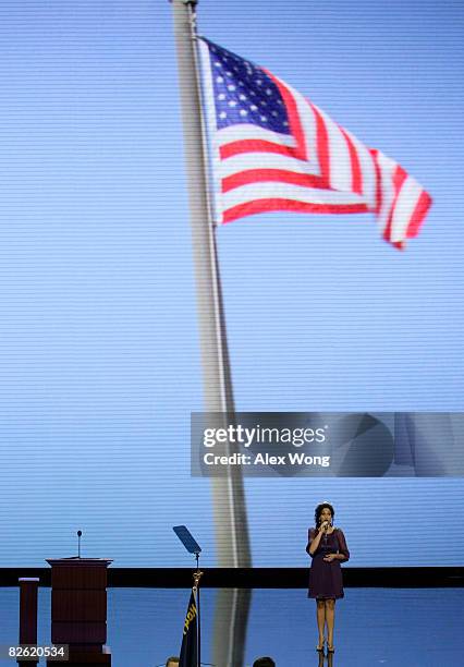 Angela McDermott, Miss Minnesota 2008, sings the National Anthem on day one of the Republican National Convention at the Xcel Energy Center September...