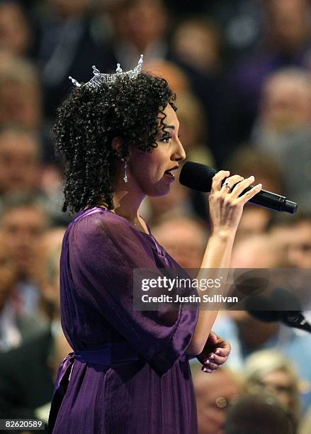 Angela McDermott, Miss Minnesota 2008, sings the National Anthem on day one of the Republican National Convention at the Xcel Energy Center September...