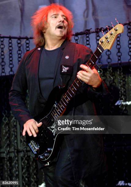 Geezer Butler of Heaven and Hell performs as part of the Metal Masters Tour 2008 at Shoreline Amphitheatre on August 31, 2008 in Mountain View...