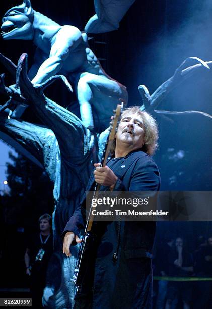 Geezer Butler of Heaven and Hell performs as part of the Metal Masters Tour 2008 at Shoreline Amphitheatre on August 31, 2008 in Mountain View...