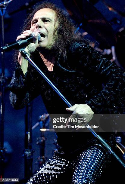 Ronnie James Dio of Heaven and Hell performs as part of the Metal Masters Tour 2008 at Shoreline Amphitheatre on August 31, 2008 in Mountain View...