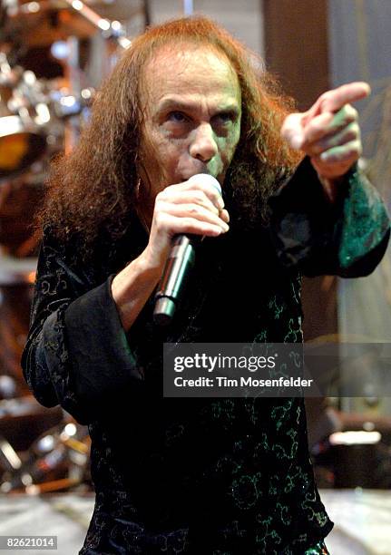 Ronnie James Dio of Heaven and Hell performs as part of the Metal Masters Tour 2008 at Shoreline Amphitheatre on August 31, 2008 in Mountain View...