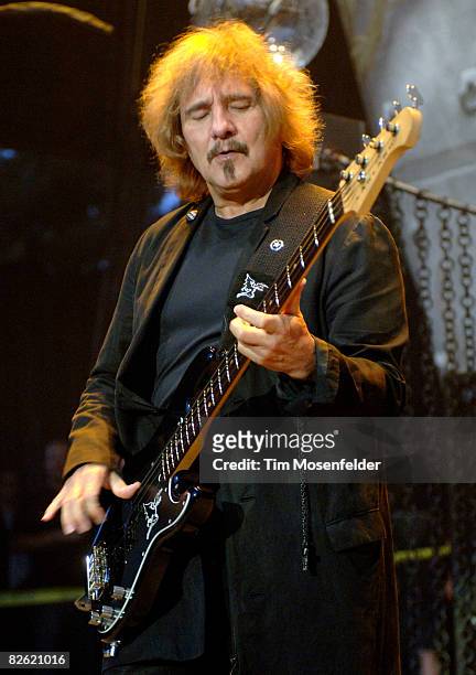 Geezer Butler of Heaven and Hell performs as part of the Metal Masters Tour 2008 at Shoreline Amphitheatre on August 31, 2008 in Mountain View...