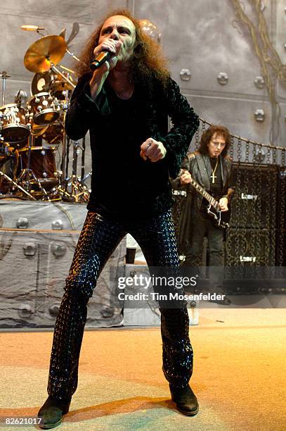 Ronnie James Dio and Tony Iommi of Heaven and Hell perform as part of the Metal Masters Tour 2008 at Shoreline Amphitheatre on August 31, 2008 in...