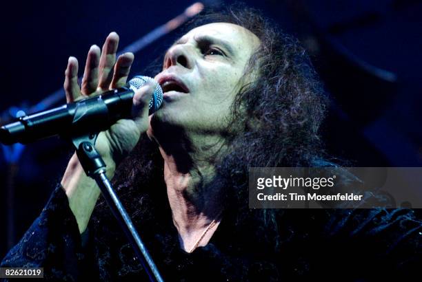 Ronnie James Dio of Heaven and Hell performs as part of the Metal Masters Tour 2008 at Shoreline Amphitheatre on August 31, 2008 in Mountain View...