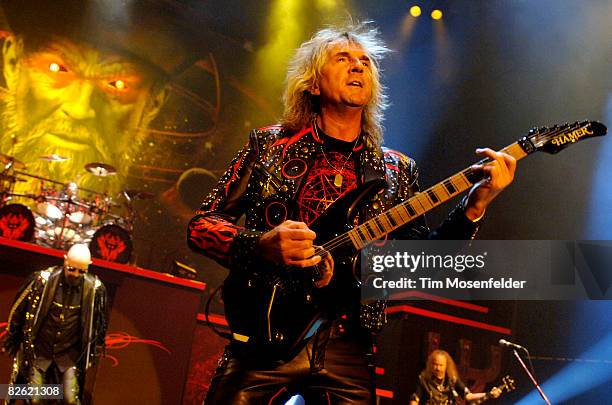 Rob Halford and Glenn Tipton of Judas Priest perform as part of the Metal Masters Tour 2008 at Shoreline Amphitheatre on August 31, 2008 in Mountain...