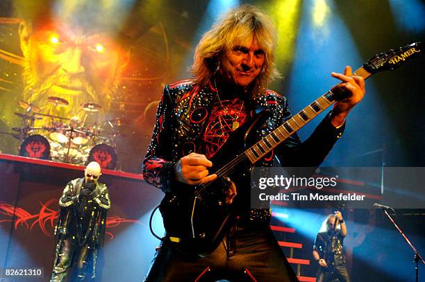 Rob Halford and Glenn Tipton of Judas Priest perform as part of the Metal Masters Tour 2008 at Shoreline Amphitheatre on August 31, 2008 in Mountain...