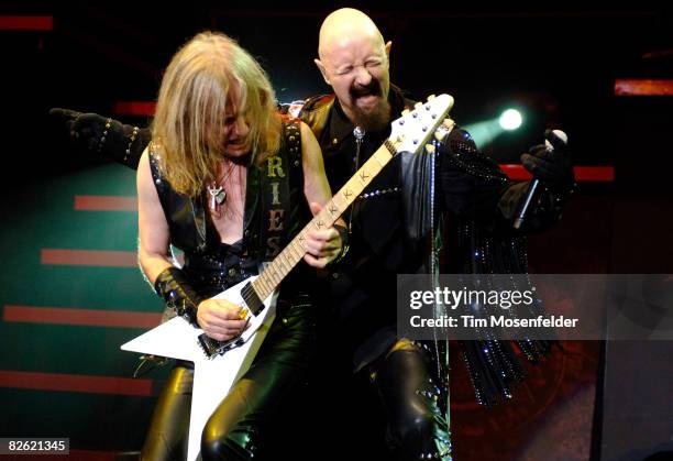 Downing and Rob Halford of Judas Priest perform as part of the Metal Masters Tour 2008 at Shoreline Amphitheatre on August 31, 2008 in Mountain View,...