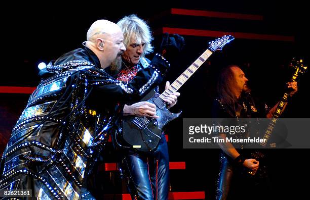 Rob Halford and Glenn Tipton of Judas Priest perform as part of the Metal Masters Tour 2008 at Shoreline Amphitheatre on August 31, 2008 in Mountain...