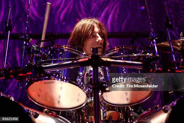 Scott Travis of Judas Priest performs as part of the Metal Masters Tour 2008 at Shoreline Amphitheatre on August 31, 2008 in Mountain View,...