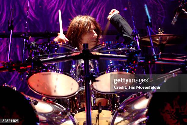 Scott Travis of Judas Priest performs as part of the Metal Masters Tour 2008 at Shoreline Amphitheatre on August 31, 2008 in Mountain View,...