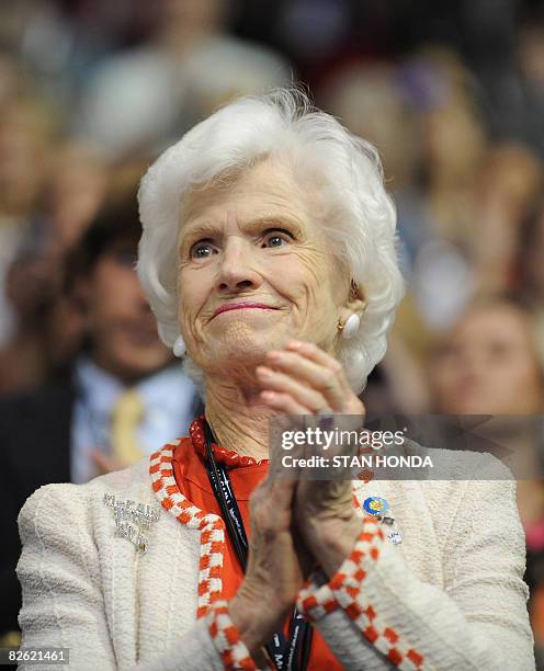 Roberta McCain, the 96-year-old mother of US Republican presidential candidate John McCain, applauds during the speech of First Lady Laura Bush to...
