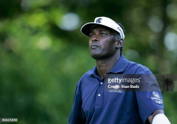 Vijay Singh checks for win at the 15th tee box during the final round of the Deutsche Bank Championship held at TPC Boston on September 1, 2008 in...