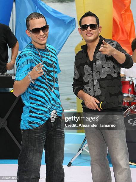 Khriz and Angel poses during Telefutura's Reventon del Dia del Trabajo at Bayside Marketplace on September 1, 2008 in Miami, Florida.