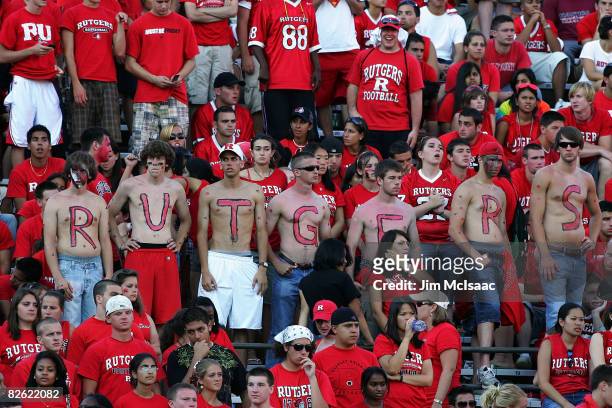 Fans of the Rutgers Scarlet Knights look on late in the game against the Fresno State Bulldogs at Rutgers Stadium on September 1, 2008 in Piscataway,...