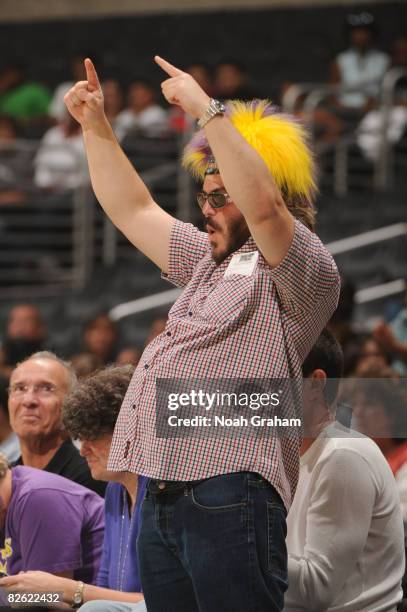 Actor Jack Black cheers on the Los Angeles Sparks as they take on the Minnesota Lynx at Staples Center on September 1, 2008 in Los Angeles,...