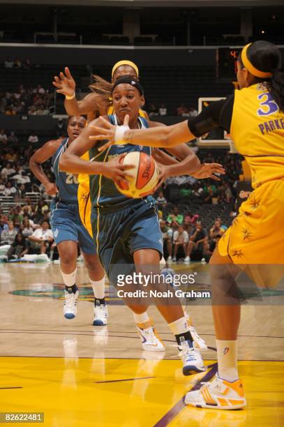 Candice Wiggins of the Minnesota Lynx drives the lane against Candace Parker of the Los Angeles Sparks at Staples Center on September 1, 2008 in Los...