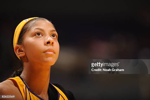 Candace Parker of the Los Angeles Sparks looks on during the game against the Minnesota Lynx at Staples Center on September 1, 2008 in Los Angeles,...