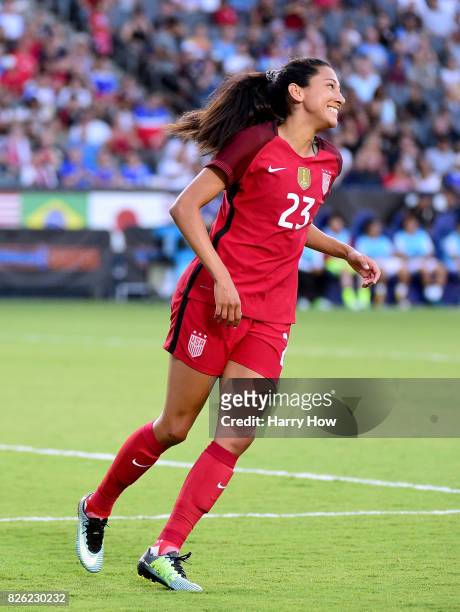 Christen Press of the United States reacts to her missed chance during a 3-0 win over Japan during the 2017 Tournament Of Nations at StubHub Center...