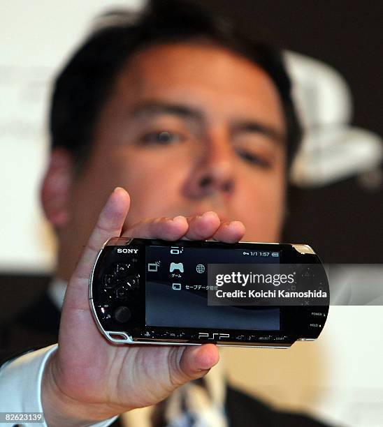 President of Sony Computer Entertainment Japan, Shawn Layden displays the new PlayStation Portable "PSP-3000" at Conrad Tokyo on September 2, 2008 in...