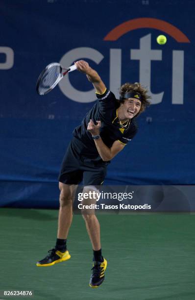 Alexander Zverev of Germany competes with Tennys Sandgren of USA at William H.G. FitzGerald Tennis Center on August 3, 2017 in Washington, DC.