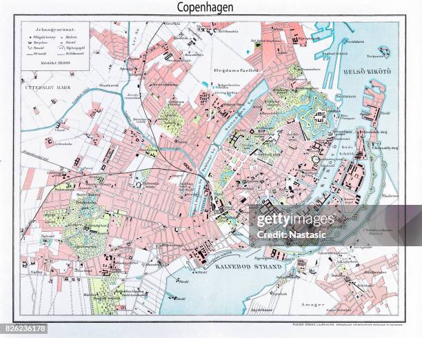 engraving: map of copenhagen from 1895 - map copenhagen stock illustrations