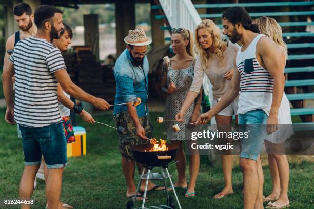 friends on summer party - marsh mallows stock pictures, royalty-free photos & images