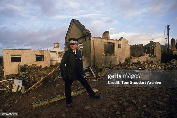 Ruined houses in the town of Lockerbie the day after the bombing of Pan Am Flight 103 from London to New York, 22nd December 1988.