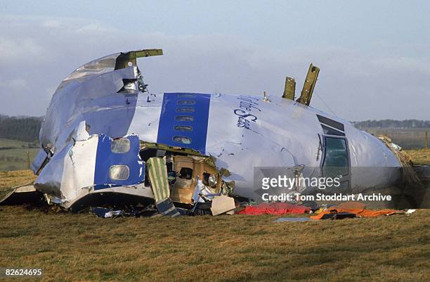 Some of the wreckage of Pan Am Flight 103 after it crashed onto the town of Lockerbie in Scotland, 22nd December 1988. On 21st December 1988, the...