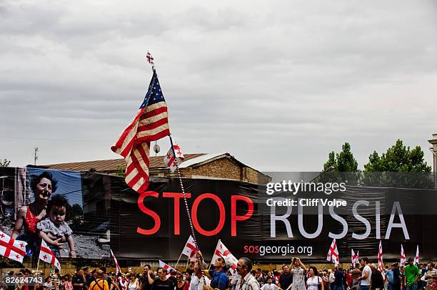 Georgians gather for a peace rally held in Republic Square on September 1, 2008 in Tbilisi, Georgia. Rallies were held simultaneously across Georgia...