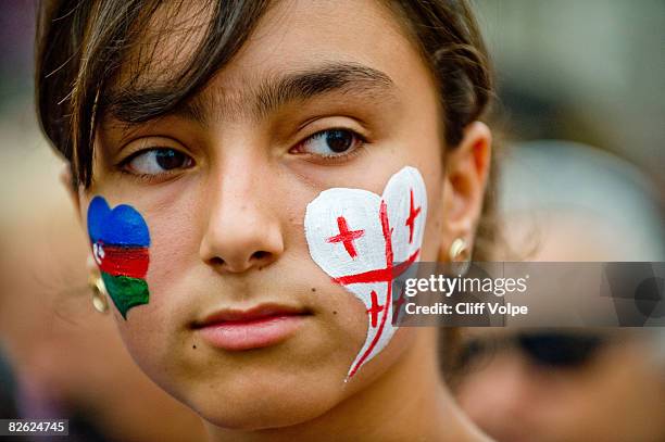 Women looks on during peace rally held in Republic Square on September 1, 2008 in Tbilisi, Georgia. Rallies were held simultaneously across Georgia...