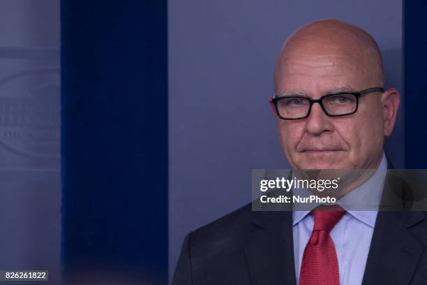 National Security Advisor. H. R. McMaster, stands by after delivering an on-camera press briefing in the James S. Brady Press Briefing Room of the...