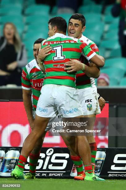 Bryson Goodwin of the Rabbitohs celebrates scoring a try during the round 22 NRL match between the St George Illawarra Dragons and the South Sydney...