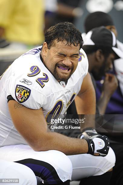 Haloti Ngata of the Baltimore Ravens sits on the bench during the game against the Atlanta Falcons on August 28, 2008 at M&T Bank Stadium in...