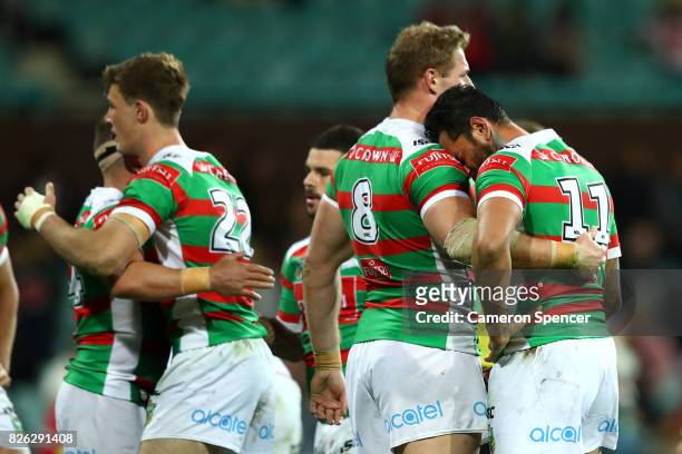 John Sutton of the Rabbitohs show his relief after winning the round 22 NRL match between the St George Illawarra Dragons and the South Sydney...