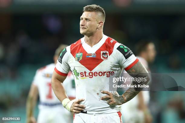 Tariq Sims of the Dragons looks dejected after defeat during the round 22 NRL match between the St George Illawarra Dragons and the South Sydney...