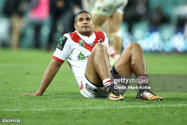 Nene MacDonald of the Dragons looks dejected after defeat during the round 22 NRL match between the St George Illawarra Dragons and the South Sydney...