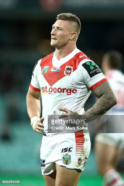 Tariq Sims of the Dragons looks dejected after defeat during the round 22 NRL match between the St George Illawarra Dragons and the South Sydney...