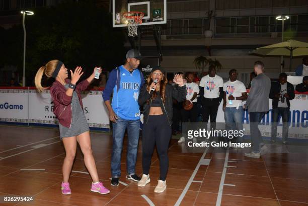 Poppy ,Lucas Radebe and Boity at the NBA Africa Celebrity Basketball Game on August 03, 2017 in Johannesburg, South Africa. The NBA Africa Game...