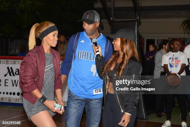 Poppy ,Lucas Radebe and Boity at the NBA Africa Celebrity Basketball Game on August 03, 2017 in Johannesburg, South Africa. The NBA Africa Game...